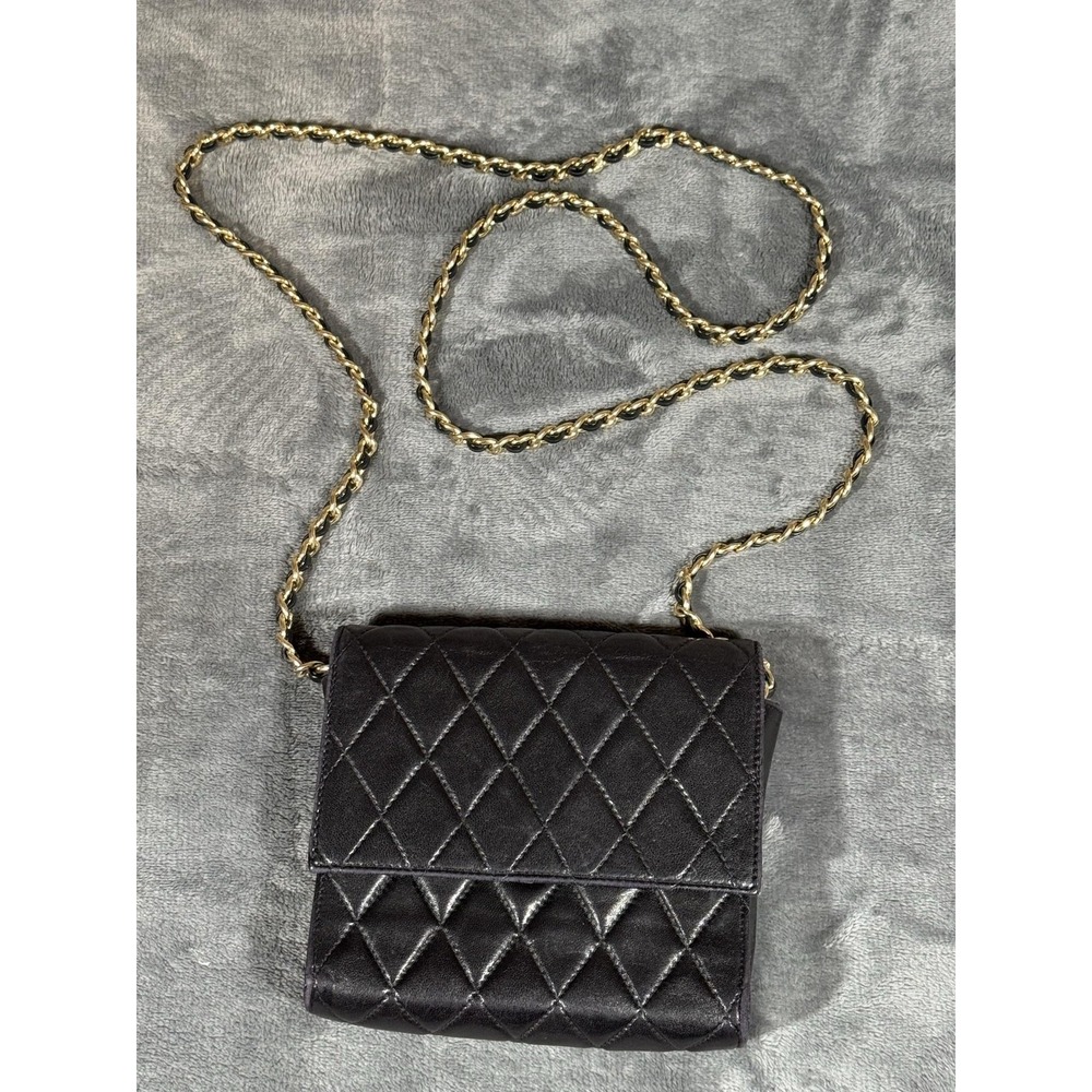 Vintage I Magnin Crossbody Bag Womens Small Black Quilted Leather Chain Strap